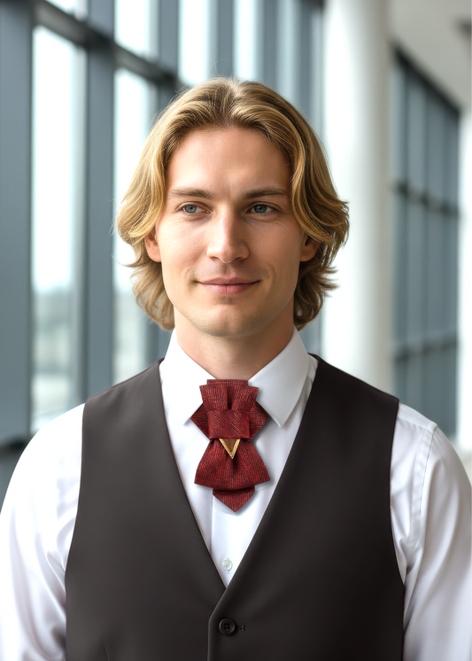 Man wearing a formal outfit with a vest and red bow tie in an indoor setting  Man wearing a maroon vest and red bow tie in an indoor setting uxury wedding tie, handmade wedding bow tie, hopper tie design, sculptural necktie, artistic bow tie, unique wedding accessory, groom neckwear, modern groom tie, unisex wedding tie, designer bow tie, statement neck accessory, elegant formal tie, contemporary bow tie, luxury neckwear, wedding style accessory, creative groom look, alternative wedding tie, fashion forward