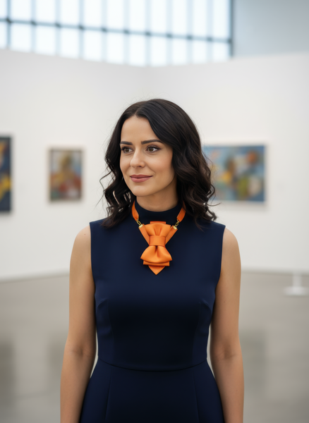Woman wearing a navy dress with an orange bow necklace in an art gallery setting orange bow-tie necklace, navy blue dress, art gallery, elegant, smiling
Orange statement necktie, unique bow tie necklace, women's fashion, stylish accessory, art museum
Handmade orange necktie, designer jewelry, sophisticated style, sleeveless dress, cultural setting
Distinctive orange bow, elegant necklace, formal accessory, women's fashion, art lover