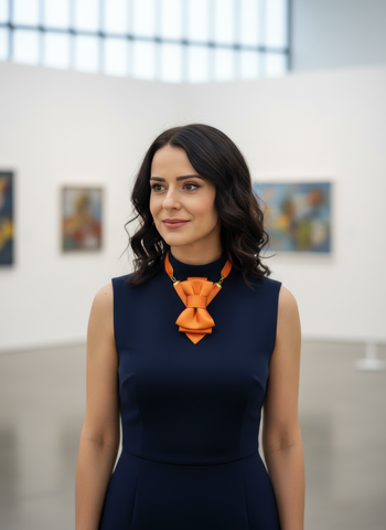 Woman wearing a navy dress with an orange bow necklace in an art gallery setting orange bow-tie necklace, navy blue dress, art gallery, elegant, smiling
Orange statement necktie, unique bow tie necklace, women's fashion, stylish accessory, art museum
Handmade orange necktie, designer jewelry, sophisticated style, sleeveless dress, cultural setting
Distinctive orange bow, elegant necklace, formal accessory, women's fashion, art lover