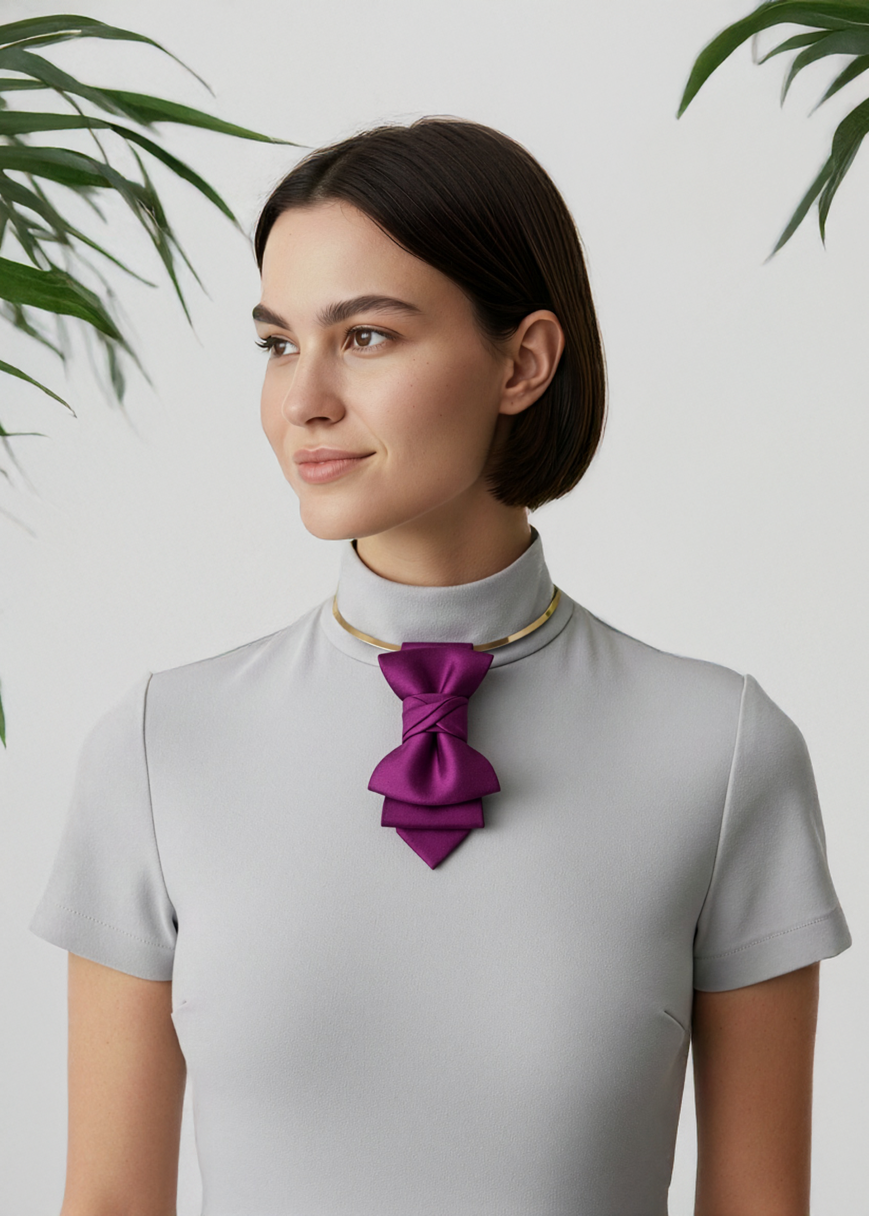 Woman wearing a light gray outfit with a purple bow tie against a white background Handmade luxury fashion neck accessory, women's necktie accessory, purple satin necktie choker, gold choker with fabric tie, elegant women's neckwear, unique fashion accessory, stylish purple necktie for women, luxury handmade choker, modern neck accessory for women, fashionable women's tie necklace, chic and sophisticated neckpiece, bespoke fabric tie, artisan crafted neckwear, high-end ladies' accessory, formal women's tie,