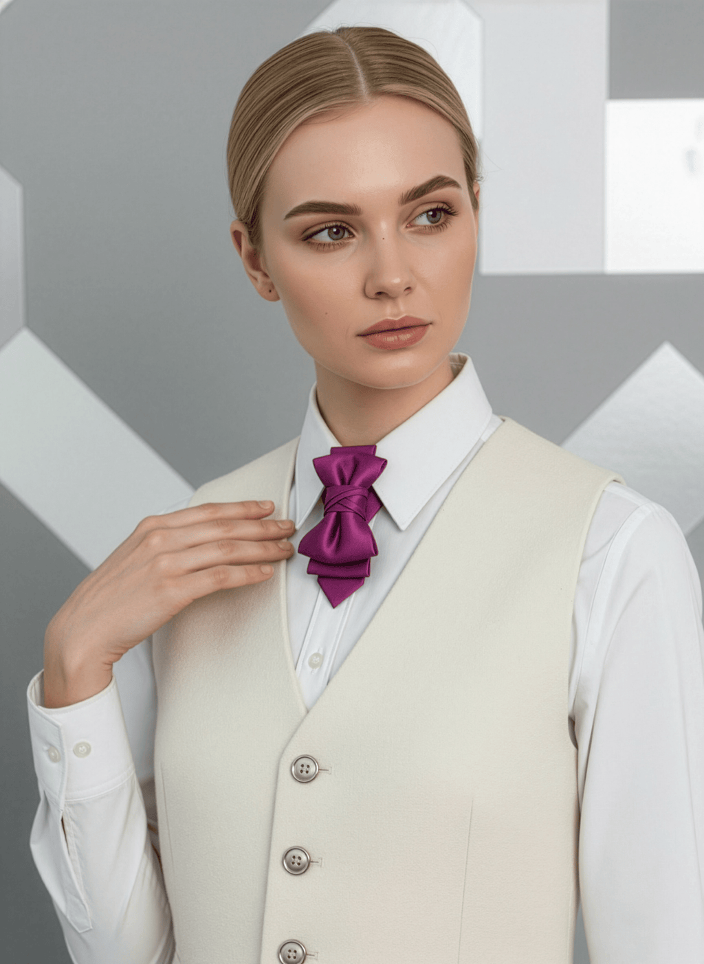 Woman wearing a cream vest over a white shirt with a purple bow tie against a geometric patterned  fashionable, elegant, sophisticated, chic, modern, unique, exclusive, luxurious, high-end, premium, quality, handmade, artisan, bespoke, tailored, custom, designer, trendy, vogue, modish, smart, classy, stylish, fashion-forward, contemporary, women's fashion, ladies' wear, apparel, clothing, attire, garment, outfit, ensemble, get-up, dress, gown, frock, top, blouse, shirt, sweater, jacket, coat, blazbackground