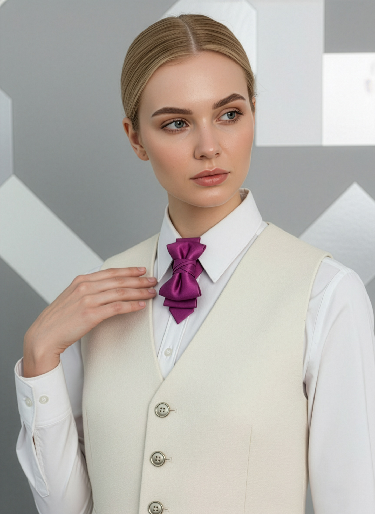 Woman wearing a cream vest over a white shirt with a purple bow tie against a geometric patterned  fashionable, elegant, sophisticated, chic, modern, unique, exclusive, luxurious, high-end, premium, quality, handmade, artisan, bespoke, tailored, custom, designer, trendy, vogue, modish, smart, classy, stylish, fashion-forward, contemporary, women's fashion, ladies' wear, apparel, clothing, attire, garment, outfit, ensemble, get-up, dress, gown, frock, top, blouse, shirt, sweater, jacket, coat, blazbackground