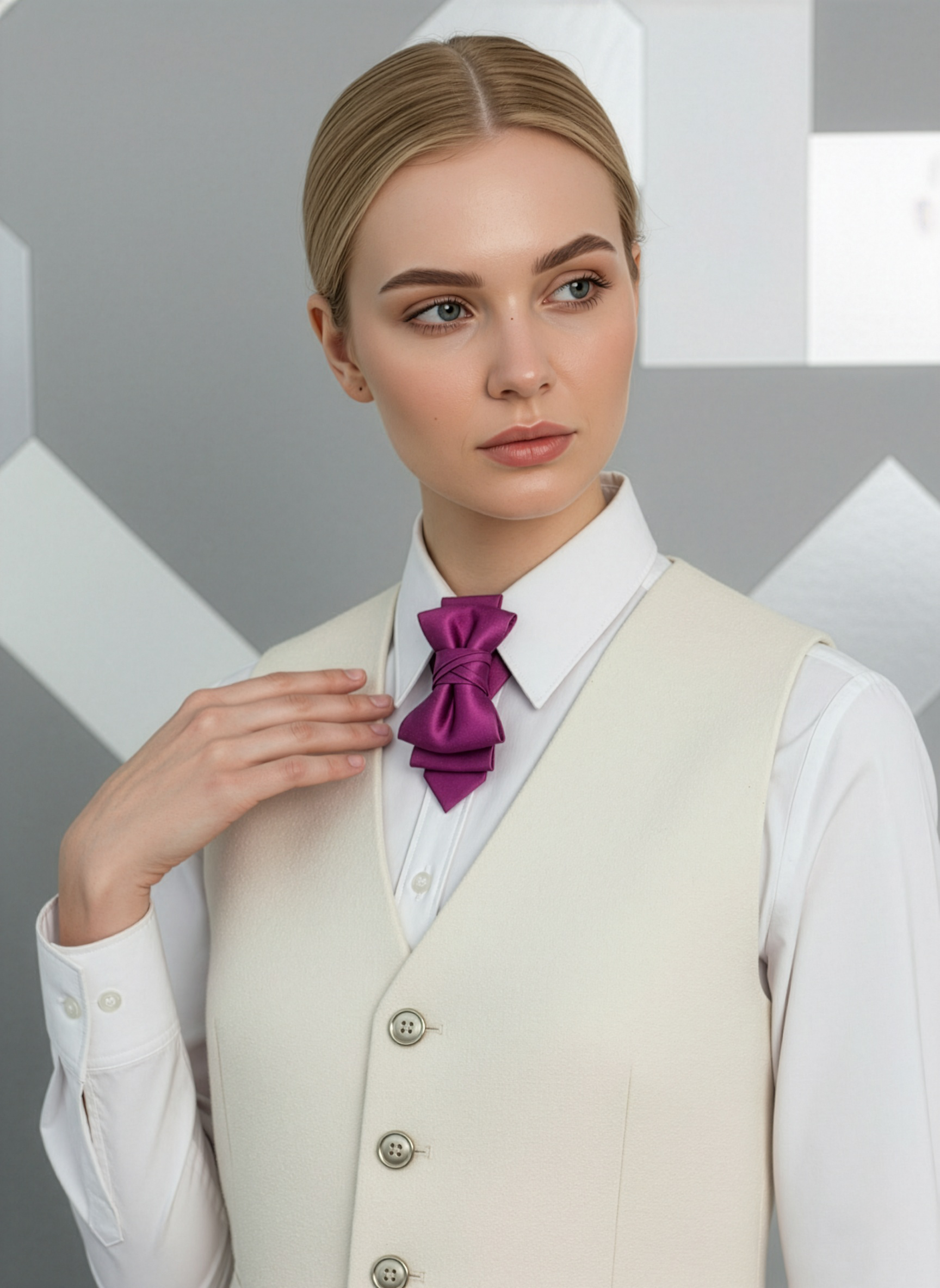 Woman wearing a cream vest over a white shirt with a purple bow tie against a geometric patterned  fashionable, elegant, sophisticated, chic, modern, unique, exclusive, luxurious, high-end, premium, quality, handmade, artisan, bespoke, tailored, custom, designer, trendy, vogue, modish, smart, classy, stylish, fashion-forward, contemporary, women's fashion, ladies' wear, apparel, clothing, attire, garment, outfit, ensemble, get-up, dress, gown, frock, top, blouse, shirt, sweater, jacket, coat, blazbackground