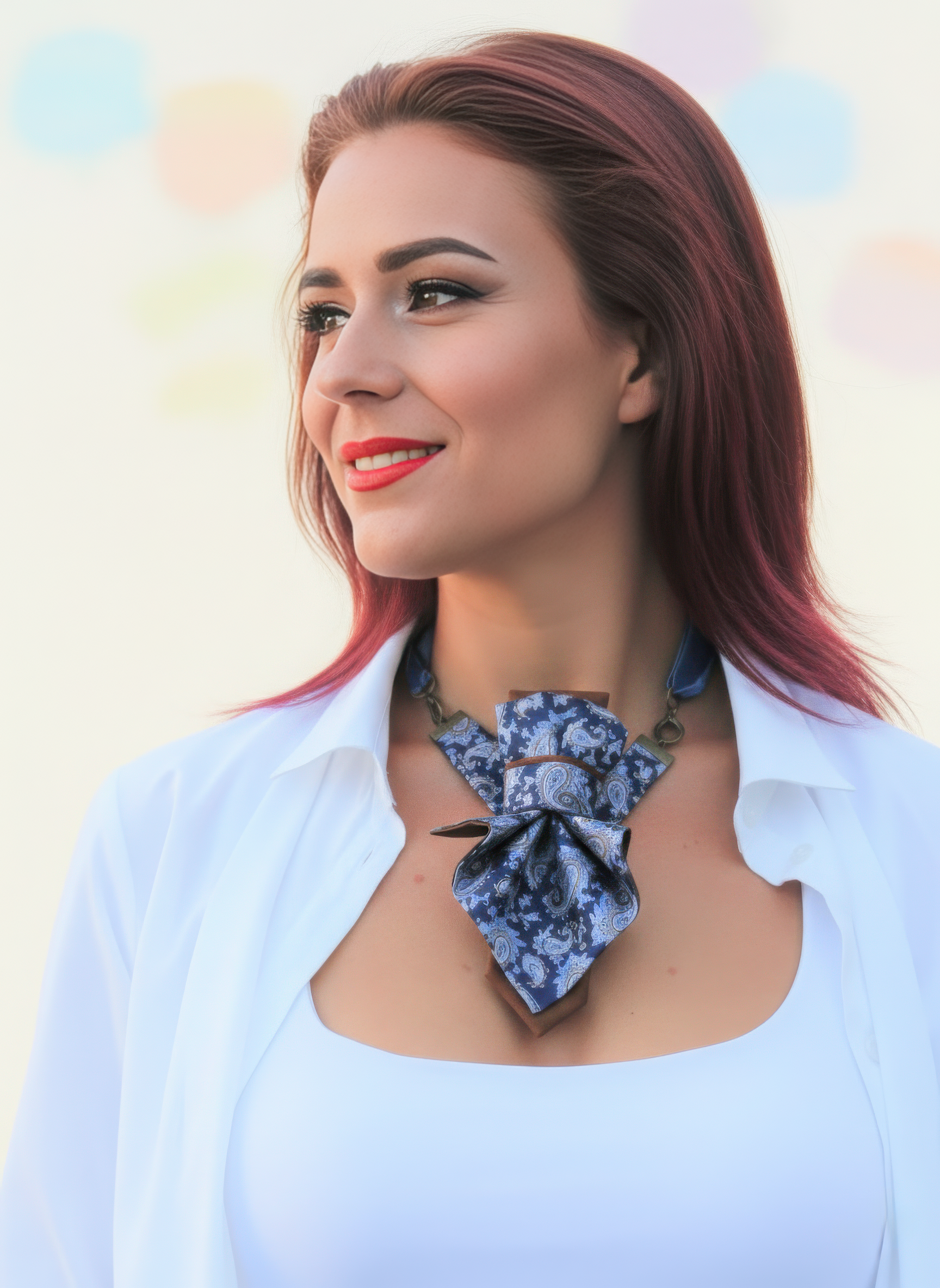 Woman wearing a blue floral scarf around her neck with a blurred background Luxury blue women's jabot necktie, original design

Elegant blue ruffled necktie for women, unique handmade accessory

Beautiful blue jabot necktie, sophisticated and stylish design

Handcrafted women's necktie with ruffles, luxury fashion piece

Exclusive designer blue jabot, perfect for formal wear

Statement blue necktie for women, artistic and elegant touch

Victorian-inspired blue jabot, luxurious and timeless

Blue jabot neckt