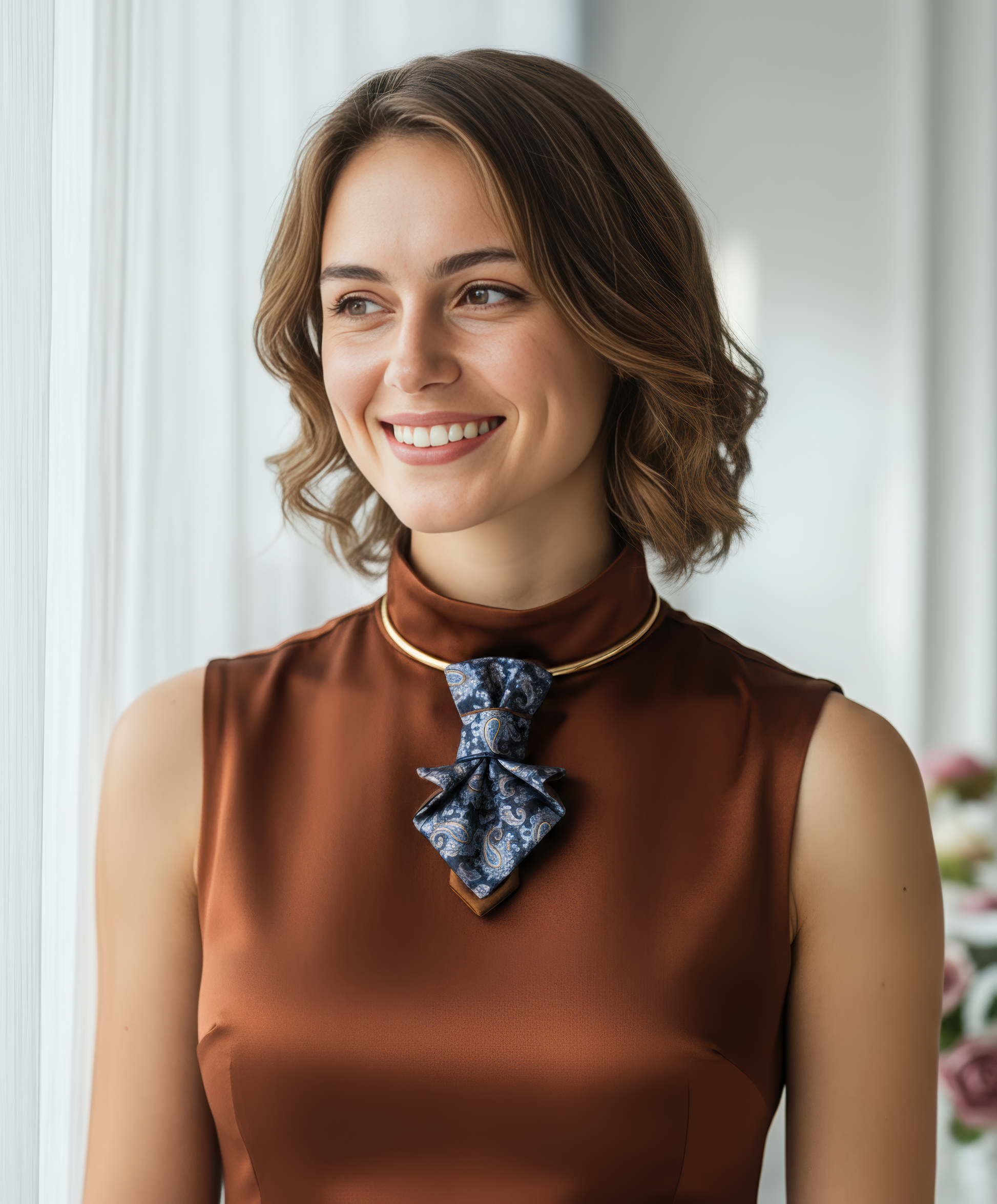 Woman wearing a brown top with a decorative bow tie against a blurred indoor background paisley women necktie close up, handmade paisley neck accessory for women, luxury women jabot tie paisley pattern, artistic fabric necktie worn on white shirt, elegant women neckwear with paisley design, statement neck accessory for women, brown blue paisley necktie detail, vertical women necktie fashion photo, handmade textile neck ornament, sophisticated women neck tie close up
