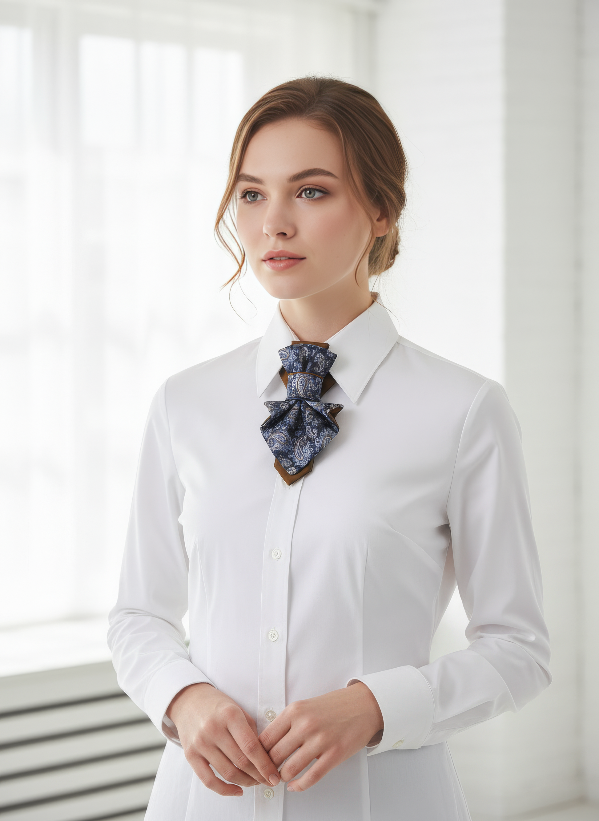 paisley women necktie close up, handmade paisley neck accessory for women, luxury women jabot tie paisley pattern, artistic fabric necktie worn on white shirt, elegant women neckwear with paisley design, statement neck accessory for women, brown blue paisley necktie detail, vertical women necktie fashion photo, handmade textile neck ornament, sophisticated women neck tie close up
