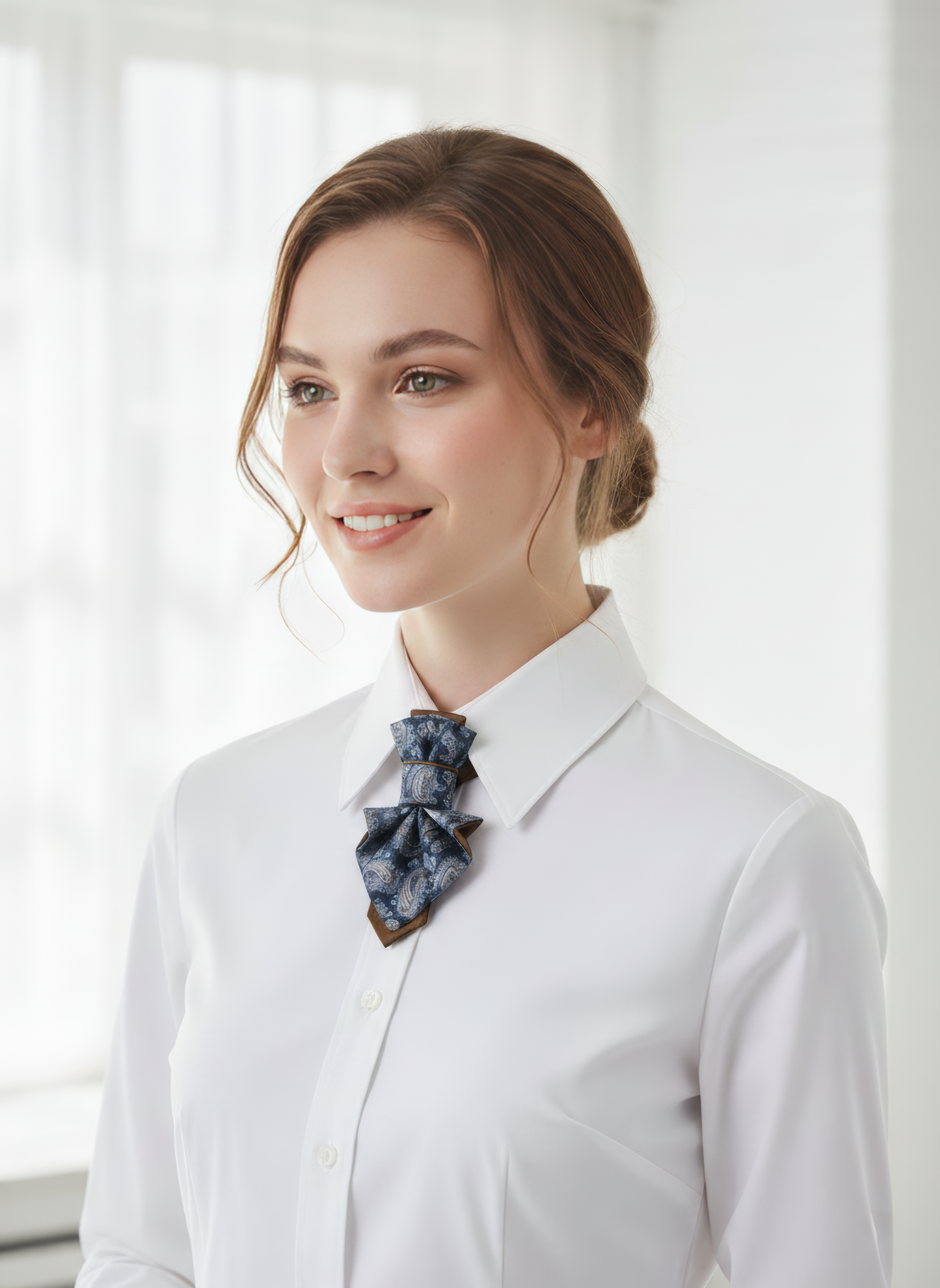 paisley women necktie close up, handmade paisley neck accessory for women, luxury women jabot tie paisley pattern, artistic fabric necktie worn on white shirt, elegant women neckwear with paisley design, statement neck accessory for women, brown blue paisley necktie detail, vertical women necktie fashion photo, handmade textile neck ornament, sophisticated women neck tie close up
