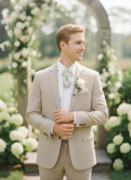 Man in a beige suit standing in front of floral decorations pre-tied unisex neck accessory, neutral linen tie, white decorative pattern tie, handmade tie from Lithuania, elegant cotton blend necktie, designer tie Rūta Piekurienė, unique formal fashion accessory, earthy toned tie, textured fabric necktie, architectural style tie, modern linen neckwear, hopper style ornament tie, men’s and women’s wedding tie, vintage inspired neutral tie
