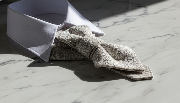 Handmade necktie, Luxury beige wedding tie, Original design neck accessory, Elegant damask pattern tie, Unique handmade bow necktie, Groom necktie, Special occasion tie for men, Vintage style beige tie, Formal event neckwear, High quality fabric tie, Stylish beige decorative knot, White and sand color tie, Fancy wedding outfit accessory, Artistic handmade tie, Statement necktie, Deluxe bow tie alternative