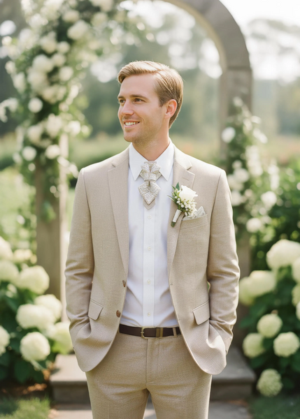pre-tied unisex neck accessory, neutral linen tie, white decorative pattern tie, handmade tie from Lithuania, elegant cotton blend necktie, designer tie Rūta Piekurienė, unique formal fashion accessory, earthy toned tie, textured fabric necktie, architectural style tie, modern linen neckwear, hopper style ornament tie, men’s and women’s wedding tie, vintage inspired neutral tie