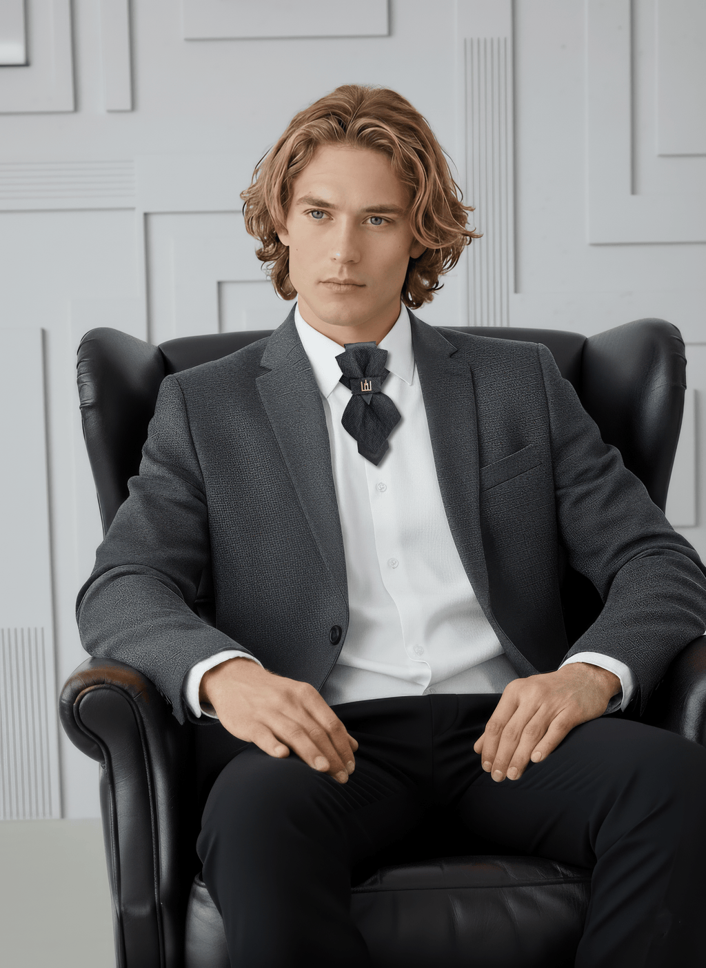 Black patterned tie with a gold clasp background Handmade luxury dark navy blue wool bow tie with leather neck strap and unique gold-tone monogrammed clip. Pre-tied cravat for groom, weddings, formal events, and special occasions. Perfect sophisticated men's accessory.