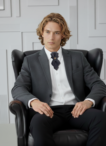 Black patterned tie with a gold clasp background Handmade luxury dark navy blue wool bow tie with leather neck strap and unique gold-tone monogrammed clip. Pre-tied cravat for groom, weddings, formal events, and special occasions. Perfect sophisticated men's accessory.