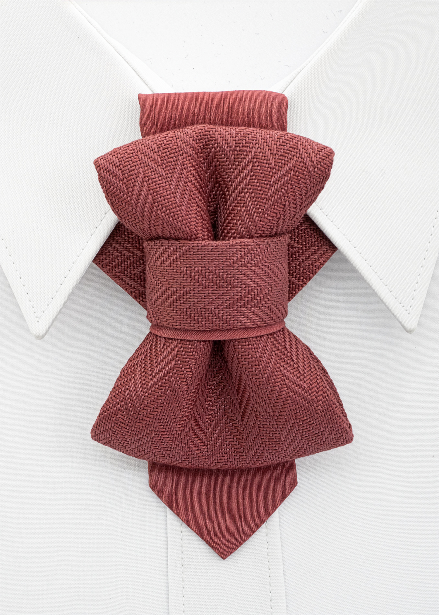 Maroon bow tie on a white shirt collar Red bow tie on a white shirt with a white background handmade pink wedding necktie, luxury artisan bow tie for groom, unique layered pink tie, elegant textured fabric necktie, modern unisex neckwear, herringbone woven linen tie, handmade men’s fashion accessory, luxury pink tie for special occasions, artistic formal necktie, handcrafted groom outfit accessory