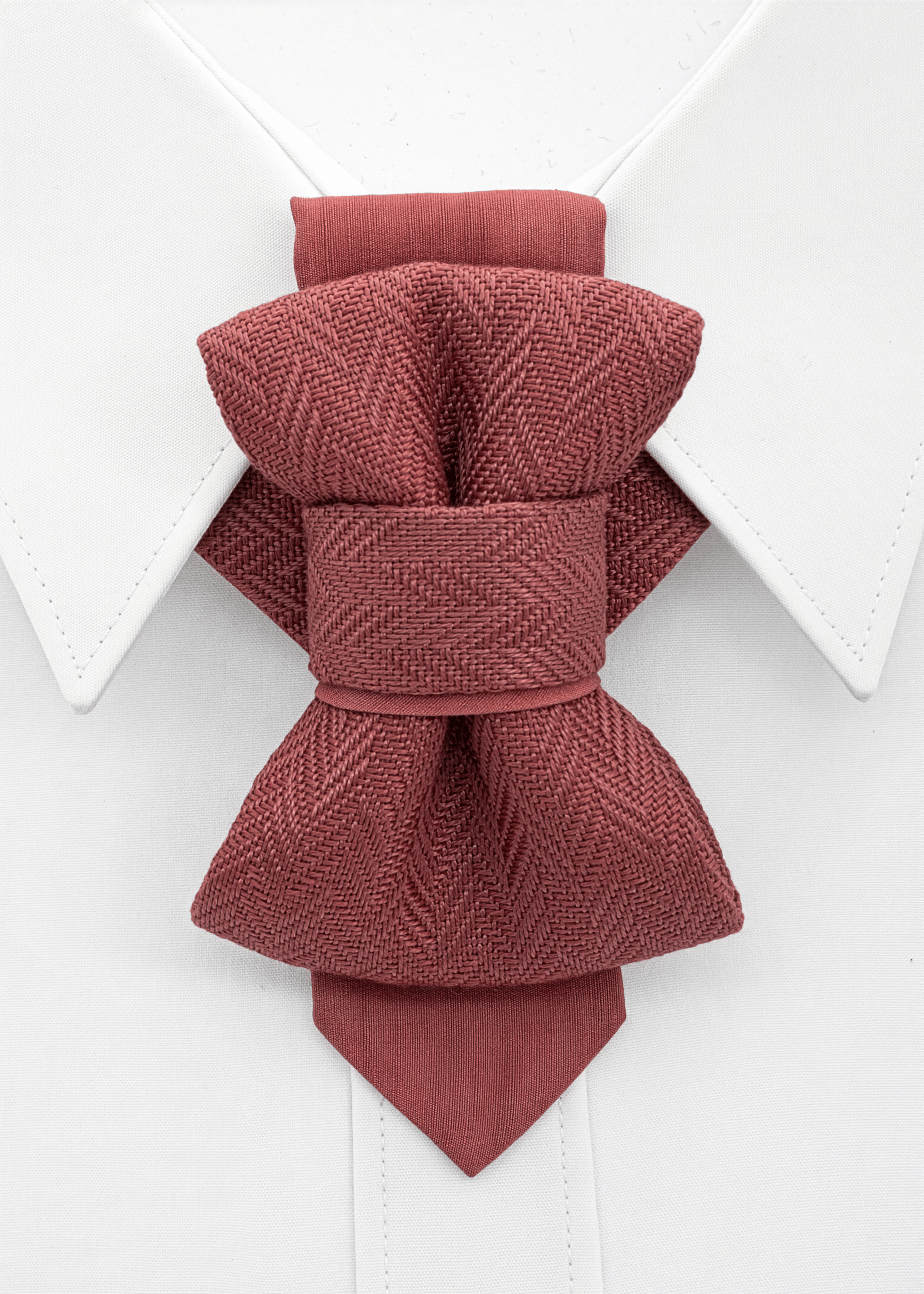 Maroon bow tie on a white shirt collar Red bow tie on a white shirt with a white background handmade pink wedding necktie, luxury artisan bow tie for groom, unique layered pink tie, elegant textured fabric necktie, modern unisex neckwear, herringbone woven linen tie, handmade men’s fashion accessory, luxury pink tie for special occasions, artistic formal necktie, handcrafted groom outfit accessory