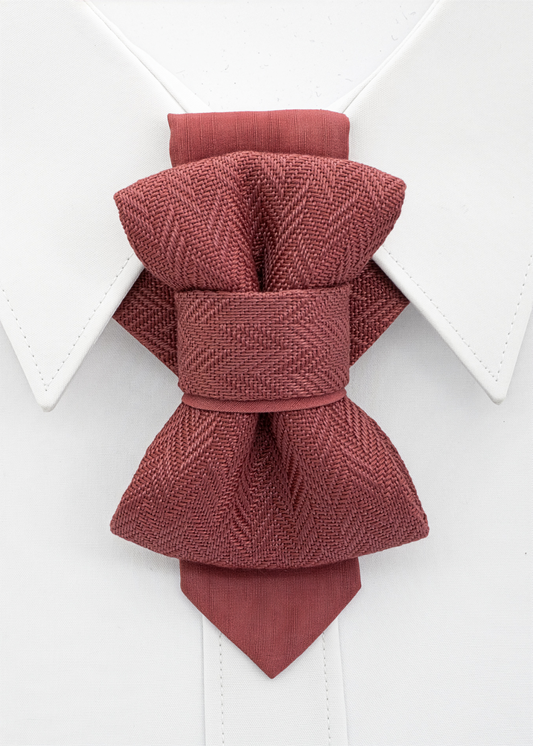Maroon bow tie on a white shirt collar Red bow tie on a white shirt with a white background handmade pink wedding necktie, luxury artisan bow tie for groom, unique layered pink tie, elegant textured fabric necktie, modern unisex neckwear, herringbone woven linen tie, handmade men’s fashion accessory, luxury pink tie for special occasions, artistic formal necktie, handcrafted groom outfit accessory