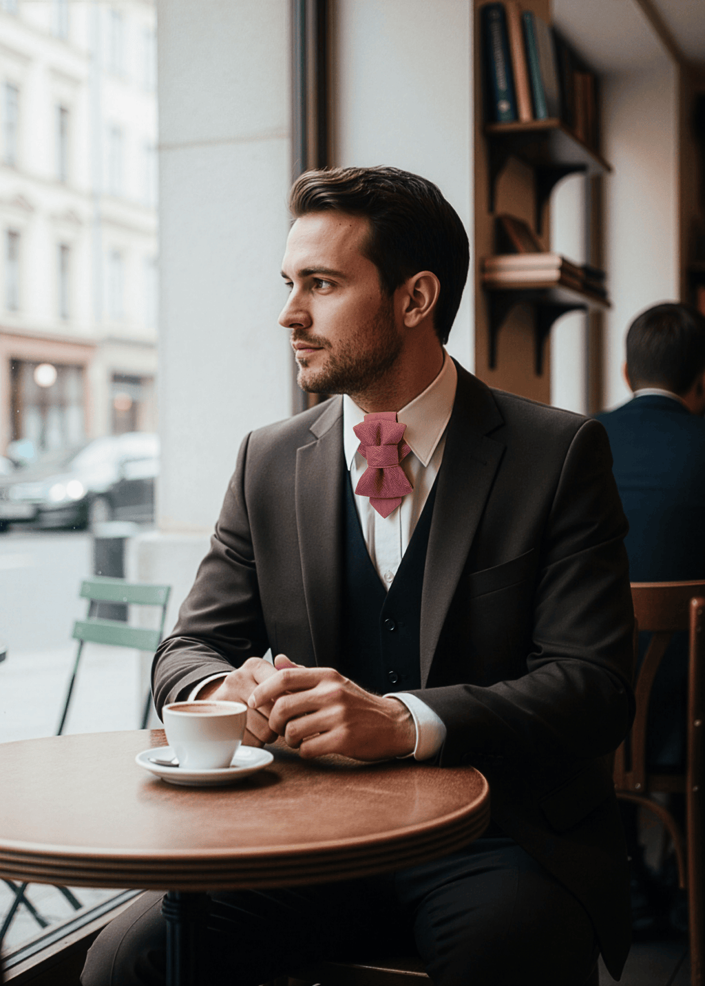 Man in a suit sitting at a cafe table with a cup of coffee, looking out the window.