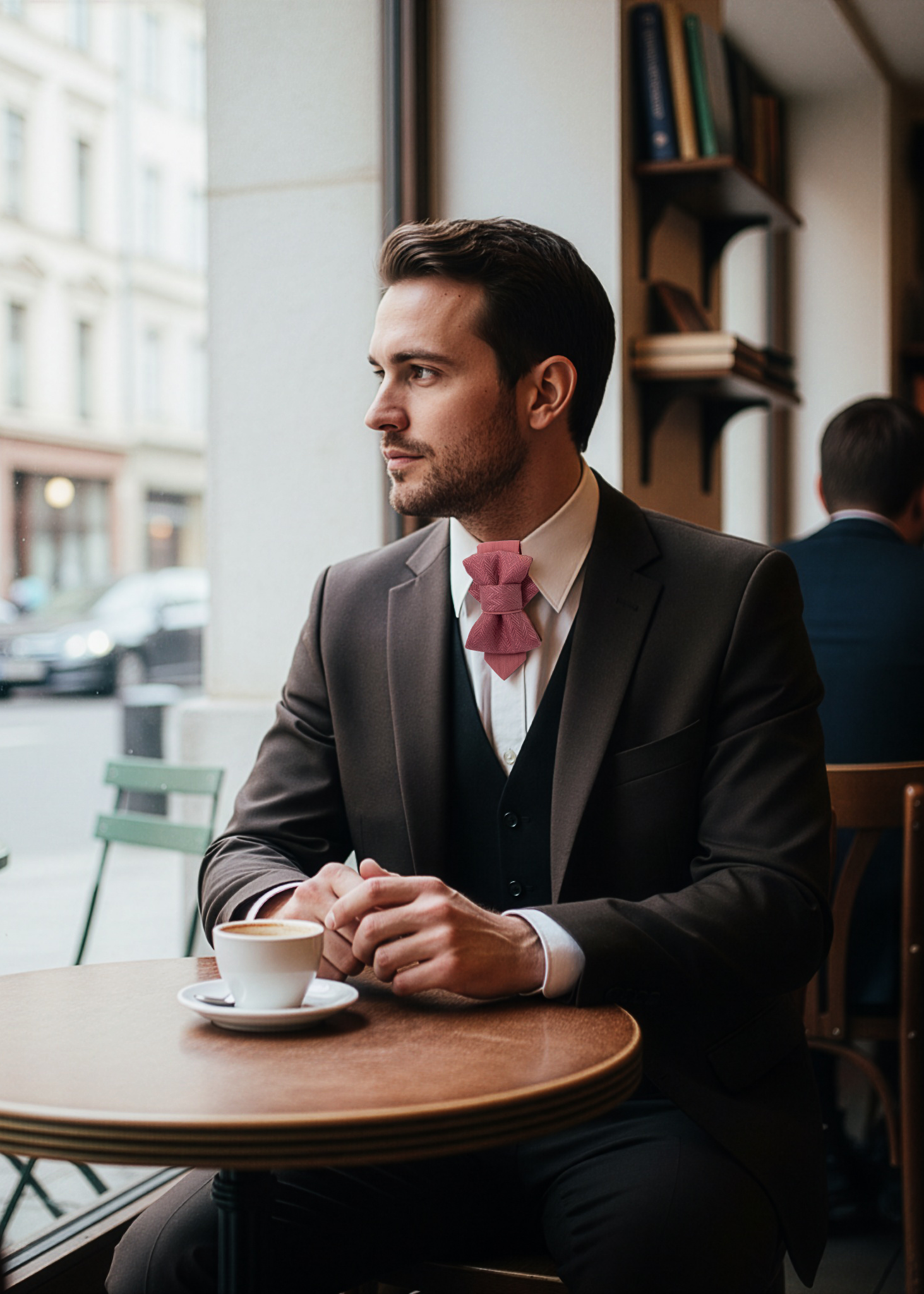 Man in a suit sitting at a cafe table with a cup of coffee, looking out the window.