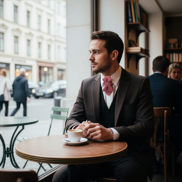 Man in a suit sitting at a cafe table with a cup of coffee, looking out the window.