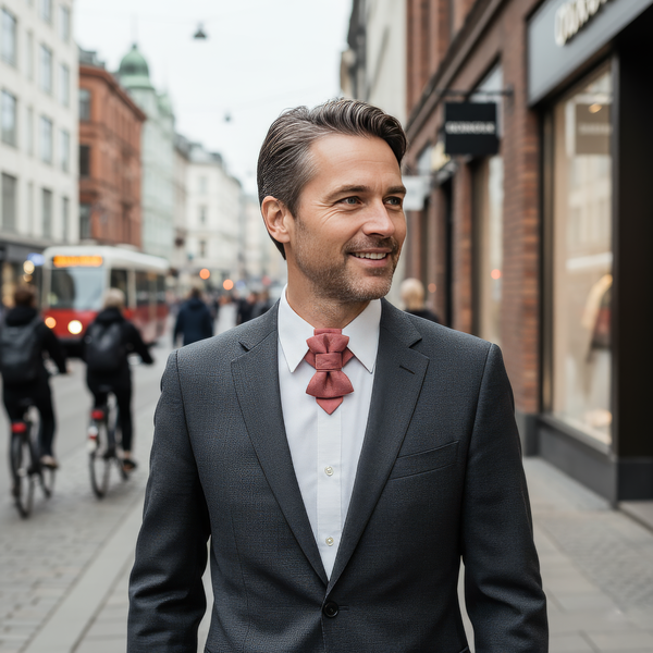Man in a suit with a red tie walking on a city street. Red textured bow tie on a white shirt collar handmade pink wedding necktie, luxury artisan bow tie for groom, unique layered pink tie, elegant textured fabric necktie, modern unisex neckwear, herringbone woven linen tie, handmade men’s fashion accessory, luxury pink tie for special occasions, artistic formal necktie, handcrafted groom outfit accessory