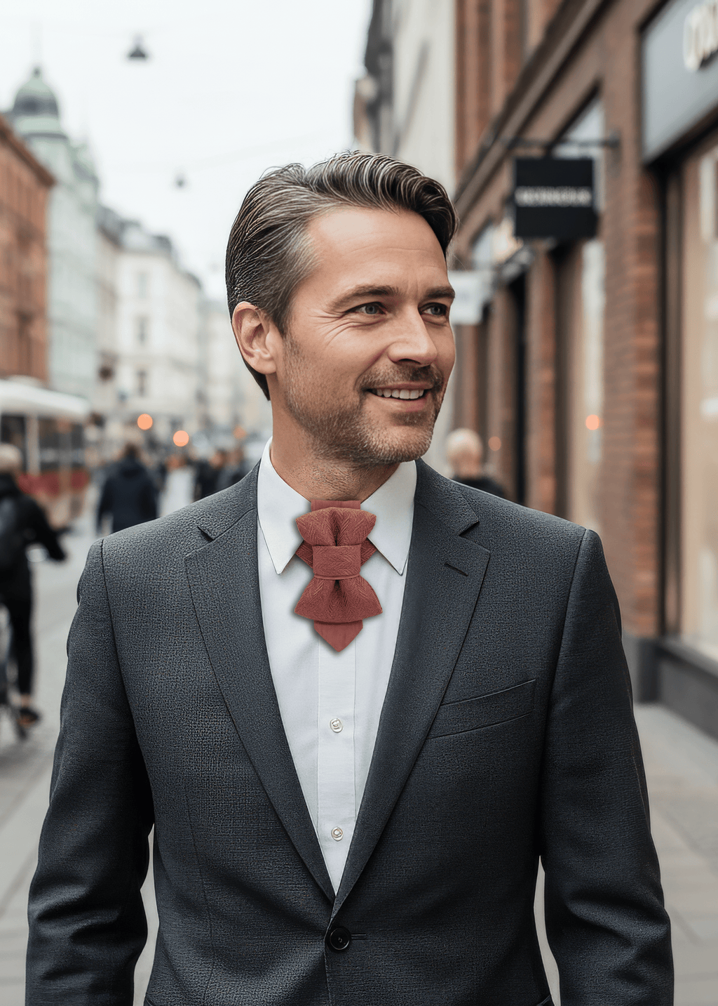 Man in a suit with a red bow tie walking on a city street. Man in a suit with a red tie walking on a city street. Red textured bow tie on a white shirt collar handmade pink wedding necktie, luxury artisan bow tie for groom, unique layered pink tie, elegant textured fabric necktie, modern unisex neckwear, herringbone woven linen tie, handmade men’s fashion accessory, luxury pink tie for special occasions, artistic formal necktie, handcrafted groom outfit accessory