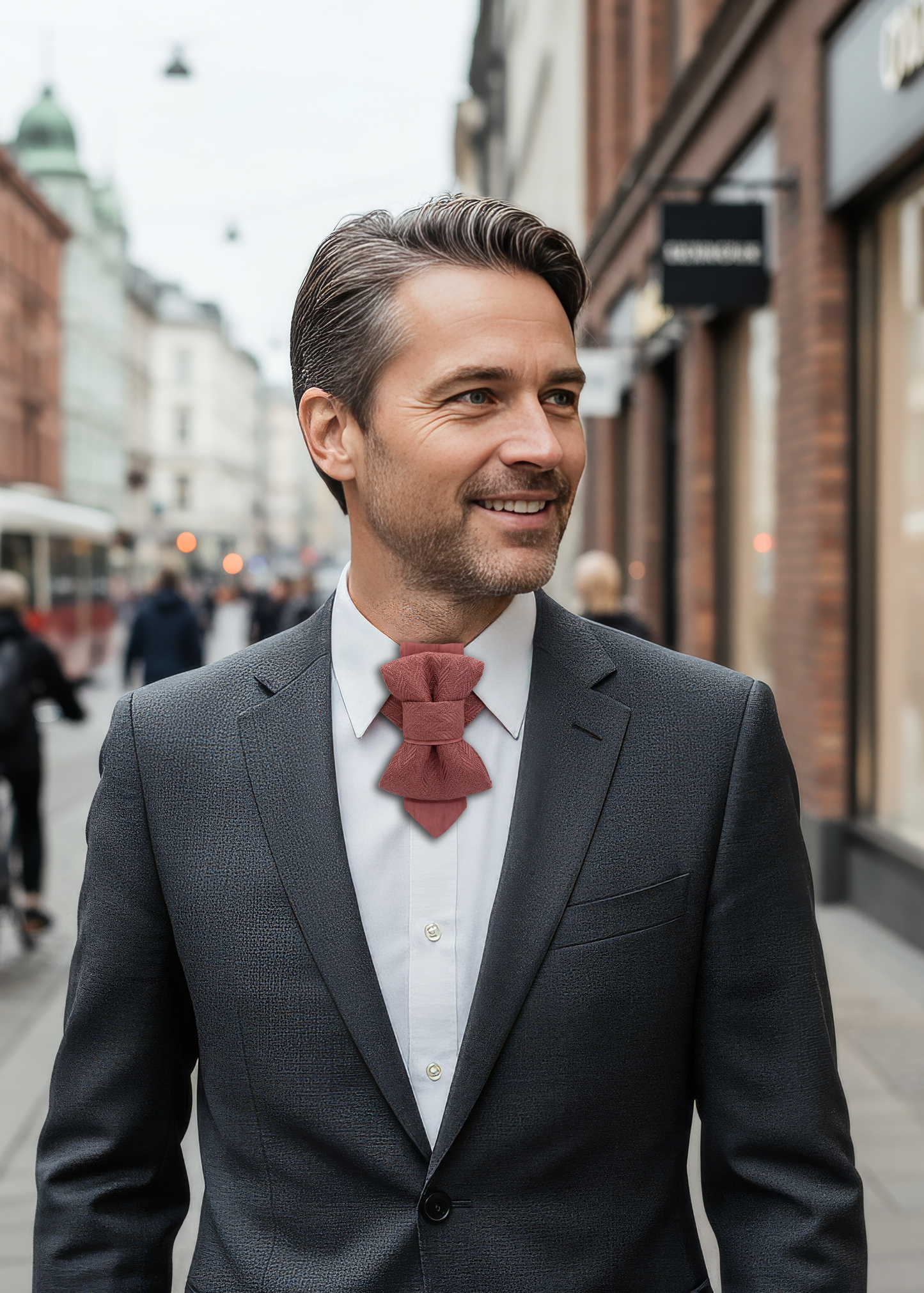 Man in a suit with a red bow tie walking on a city street. Man in a suit with a red tie walking on a city street. Red textured bow tie on a white shirt collar handmade pink wedding necktie, luxury artisan bow tie for groom, unique layered pink tie, elegant textured fabric necktie, modern unisex neckwear, herringbone woven linen tie, handmade men’s fashion accessory, luxury pink tie for special occasions, artistic formal necktie, handcrafted groom outfit accessory