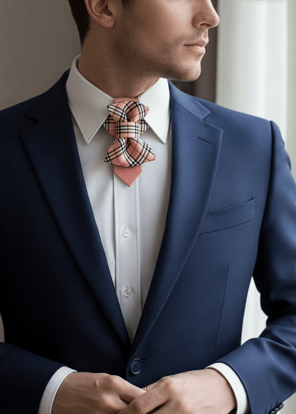 Man wearing a navy suit with a plaid bow tie indoors A stylish man in a navy blue suit and a crisp white shirt is featured from the chest up, looking thoughtfully to his right. He is wearing a unique, elaborately tied pink and plaid handmade necktie, designed for a wedding. The necktie is the focal point, showcasing intricate folds and a distinctive pattern. His hands are clasped together in front of him, and soft natural light from a window illuminates the scene, highlighting the textures of his attire and