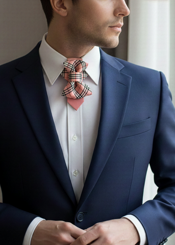 Man wearing a navy suit with a plaid bow tie indoors A stylish man in a navy blue suit and a crisp white shirt is featured from the chest up, looking thoughtfully to his right. He is wearing a unique, elaborately tied pink and plaid handmade necktie, designed for a wedding. The necktie is the focal point, showcasing intricate folds and a distinctive pattern. His hands are clasped together in front of him, and soft natural light from a window illuminates the scene, highlighting the textures of his attire and