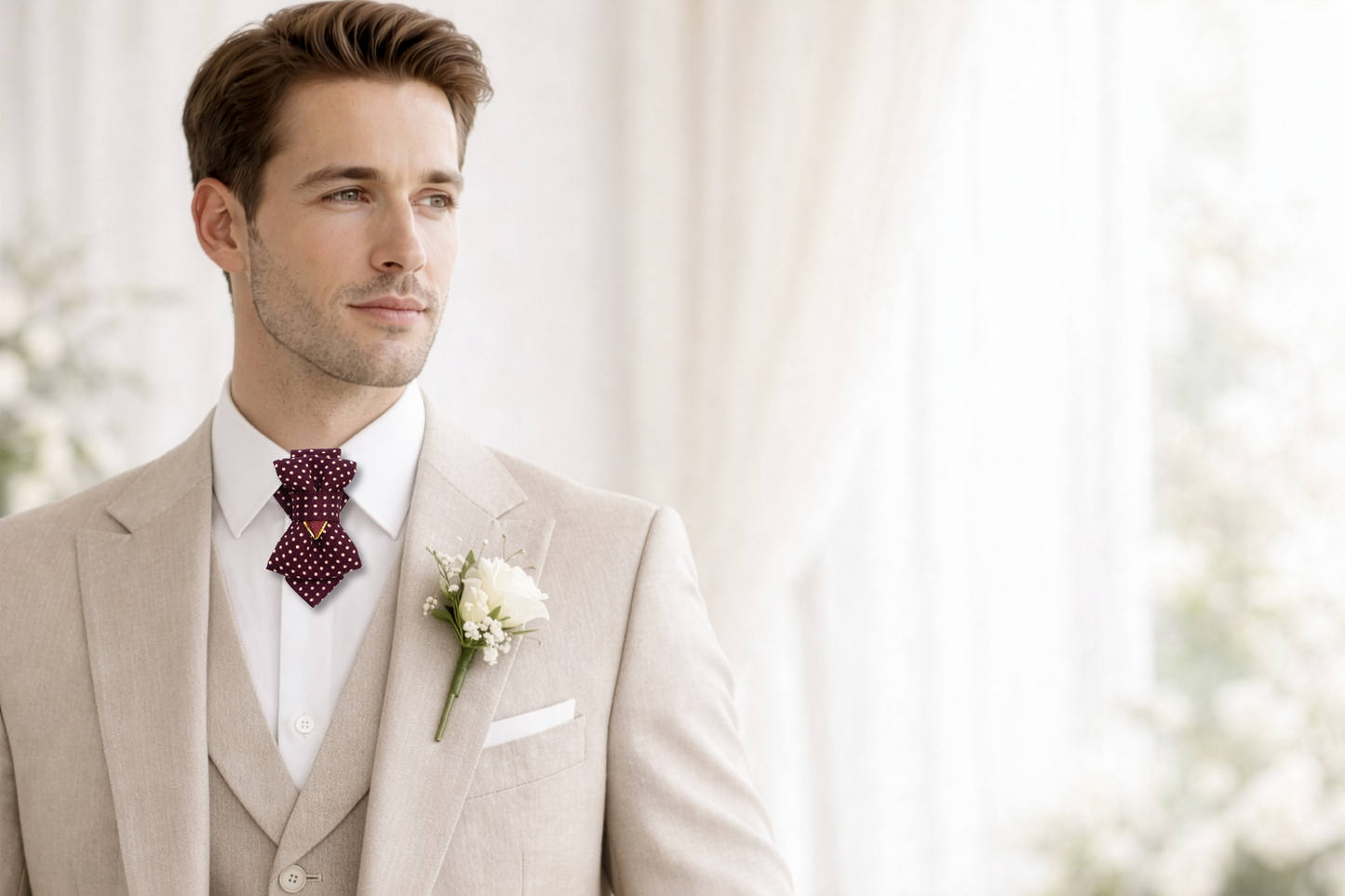 Man in a beige suit with a red bow tie and white flower boutonniere against a blurred background burgundy polka dot cravat, ascot tie for women, victorian necktie, steampunk neck accessory, layered bow tie, women statement tie, elegant cravat necklace, handmade neck accessory, burgundy necktie, romantic gothic accessory, office fashion tie, unique womens tie, artistic neckwear, polka dot cravat, dandy style accessory, formal neckpiece, wedding guest accessory, victorian inspired tie, detachable neck accesso