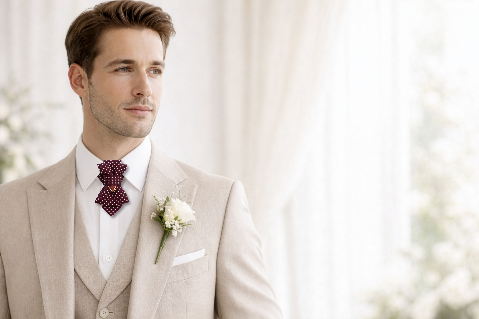 Man in a beige suit with a red bow tie and white flower boutonniere against a blurred background burgundy polka dot cravat, ascot tie for women, victorian necktie, steampunk neck accessory, layered bow tie, women statement tie, elegant cravat necklace, handmade neck accessory, burgundy necktie, romantic gothic accessory, office fashion tie, unique womens tie, artistic neckwear, polka dot cravat, dandy style accessory, formal neckpiece, wedding guest accessory, victorian inspired tie, detachable neck accesso