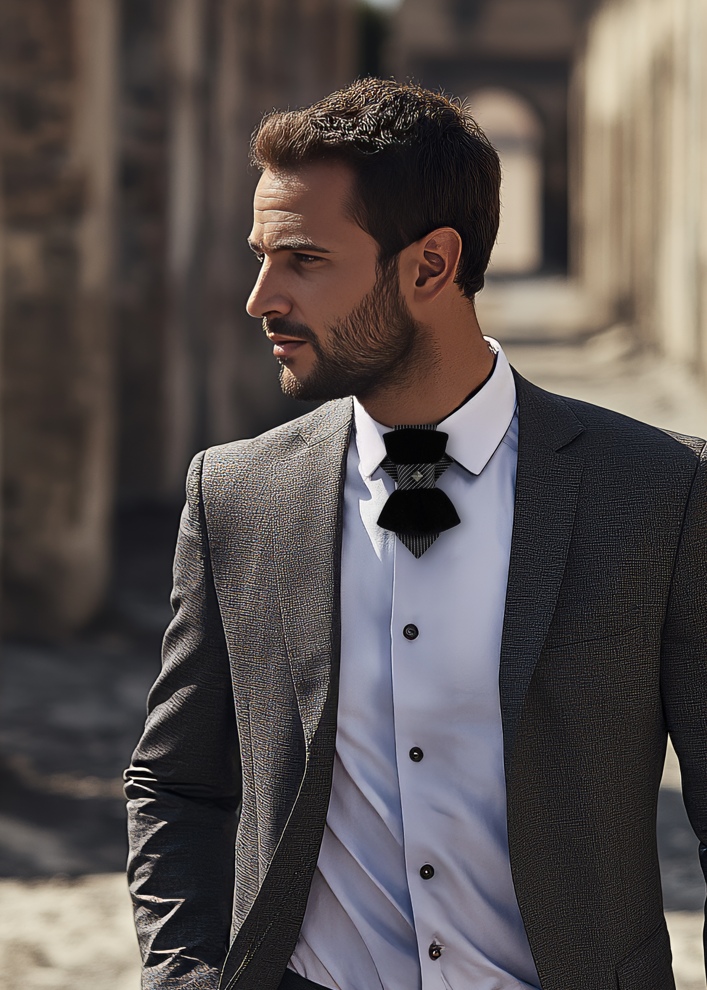 HOPPER TIE POMPEA, Wedding bow tie, Unigue black tie for groom, Handmade luxury necktie, original hopper tie design, unique unisex neck accessory, elegant black velvet bow tie style, striped fabric with silver stud accent, modern artistic fashion piece, Rūta Piekurienė design, stylish statement tie, perfect for weddings, musicians, grooms, formal or casual wear, creative Lithuanian handmade accessory.