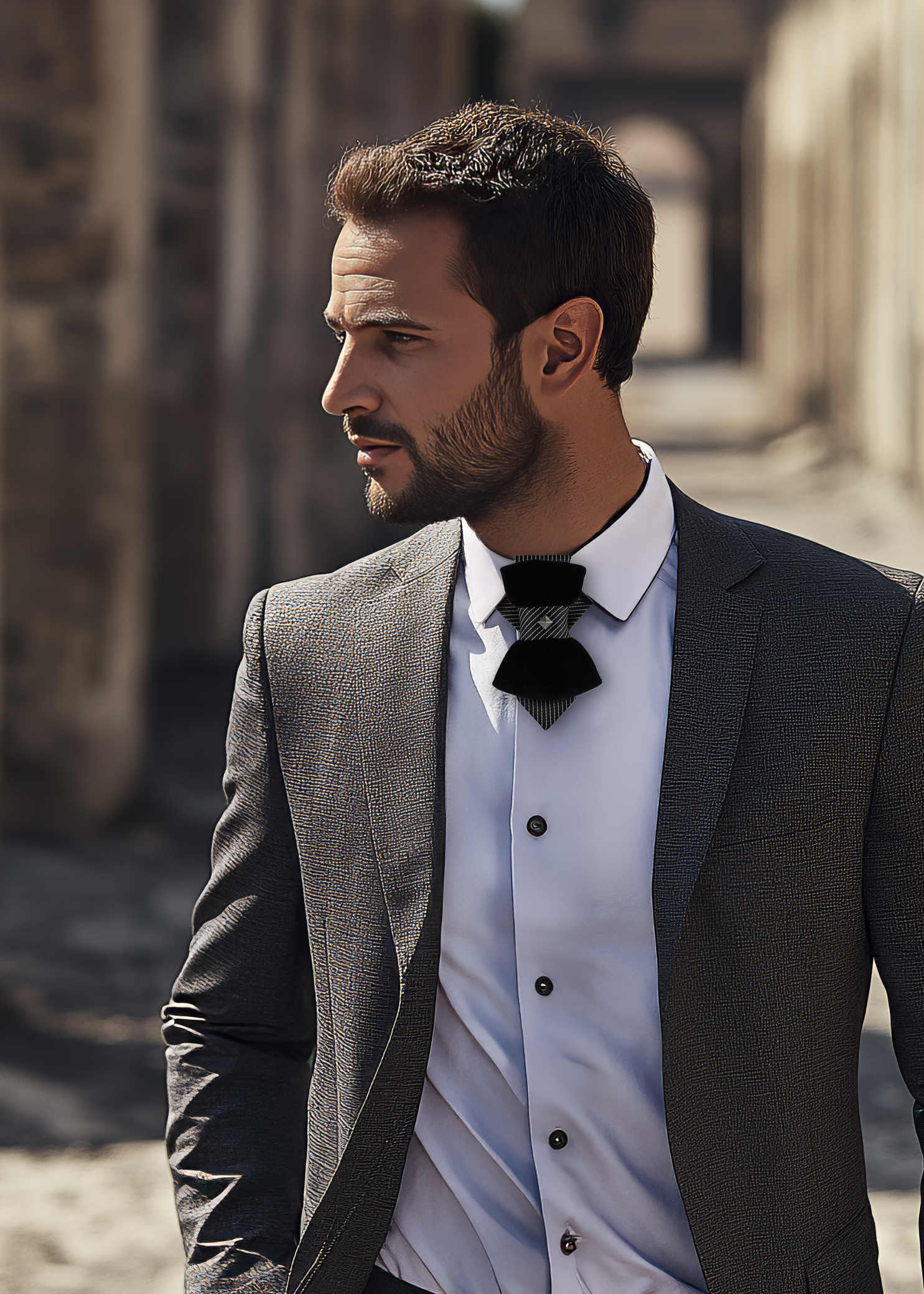 HOPPER TIE POMPEA, Wedding bow tie, Unigue black tie for groom, Handmade luxury necktie, original hopper tie design, unique unisex neck accessory, elegant black velvet bow tie style, striped fabric with silver stud accent, modern artistic fashion piece, Rūta Piekurienė design, stylish statement tie, perfect for weddings, musicians, grooms, formal or casual wear, creative Lithuanian handmade accessory.