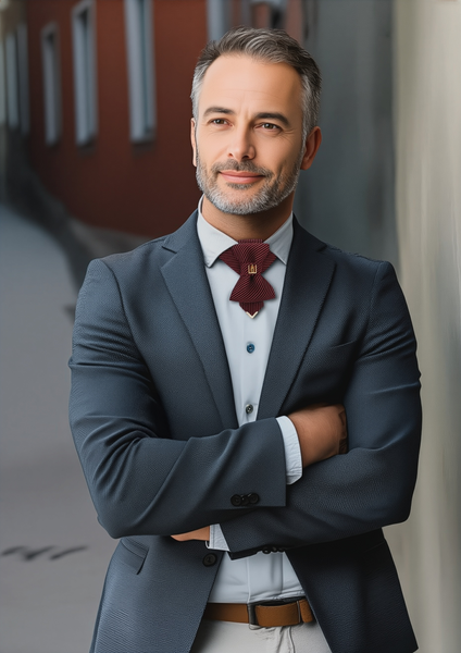 Man in a suit with a red tie standing outdoors with a blurred background red black striped jabot tie, gold Gedimino stulpai emblem, handmade heritage necktie, Lithuanian cultural fashion, artisan jabot-style tie, elegant striped tie gold badge, luxury heritage necktie, cultural fashion accessory, Lithuanian identity tie, formal jabot tie, handcrafted Lithuanian motif tie