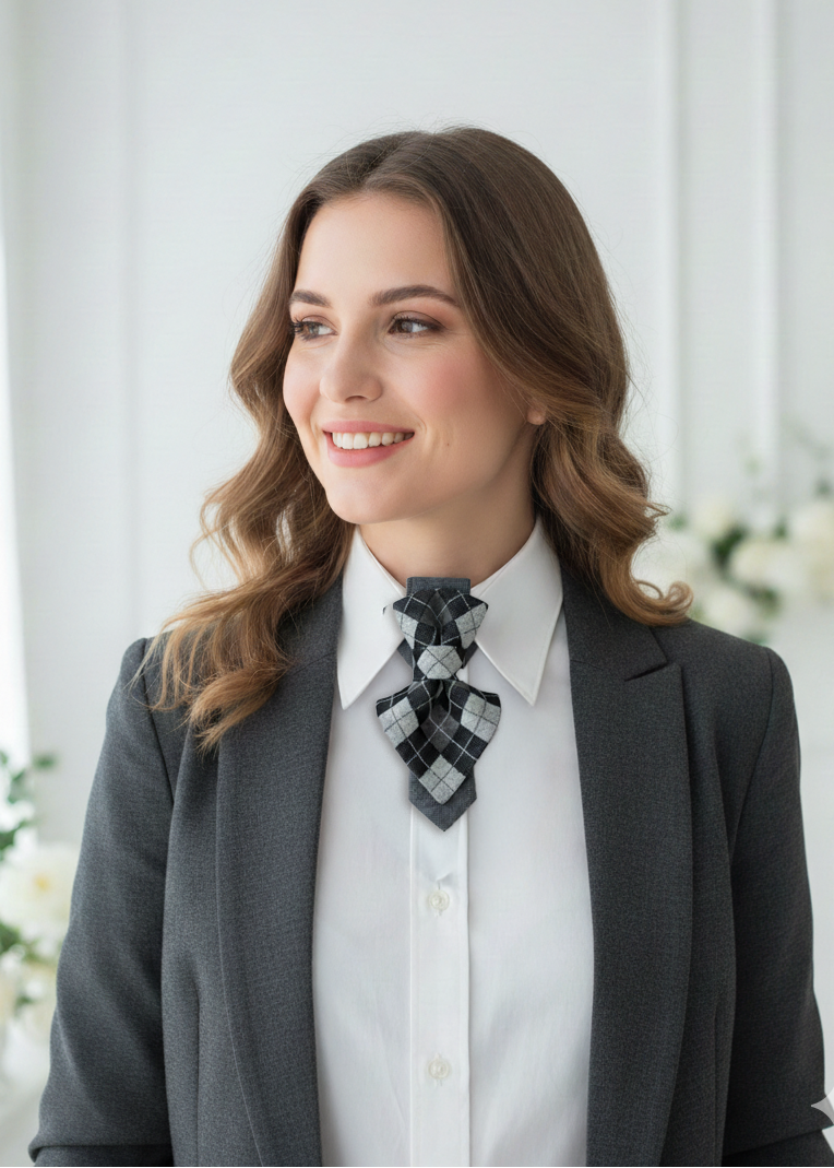 Woman wearing a gray blazer and white shirt with a decorative black and gray necklace in a bright room Handmade luxury argyle necktie, unique sculptural design, original women's special occasion and everyday neck accessory, fixed non-traditional construction, worn with white shirt and grey blazer, ideal for Etsy product listing, realistic lighting.