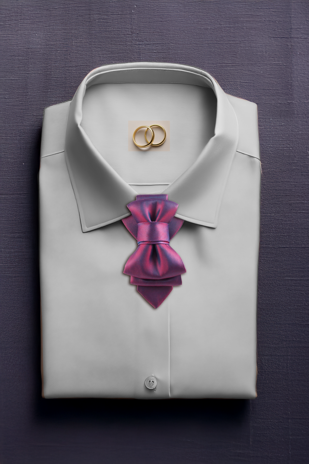 Folded light gray shirt with a purple bow tie and gold rings on a dark background