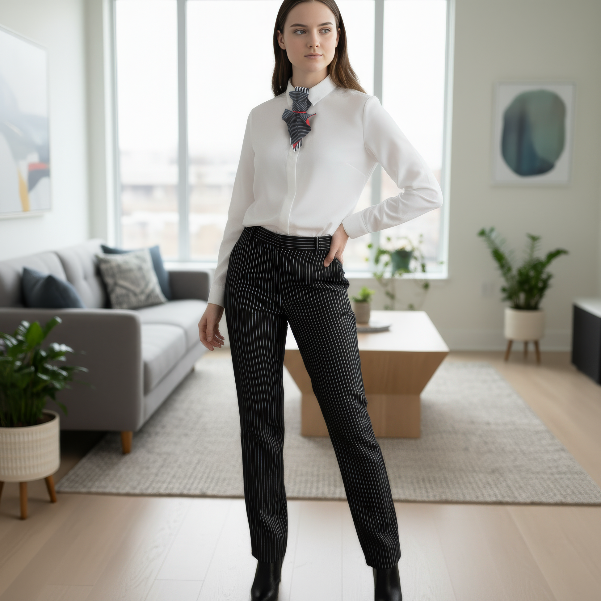 Woman in a white blouse and black pants standing in a modern living room Handmade black and white striped neck accessory, sculptural fabric necklace for women, artistic necktie style jewelry, modern textile statement necklace, avant-garde fashion neck ornament, unique handmade neck jewelry, graphic striped fabric necklace, contemporary wearable art accessory, designer fabric neckwear, bold black white neckpiece, abstract sculptural necklace, artistic women neck accessory, modern statement fashion jewelry