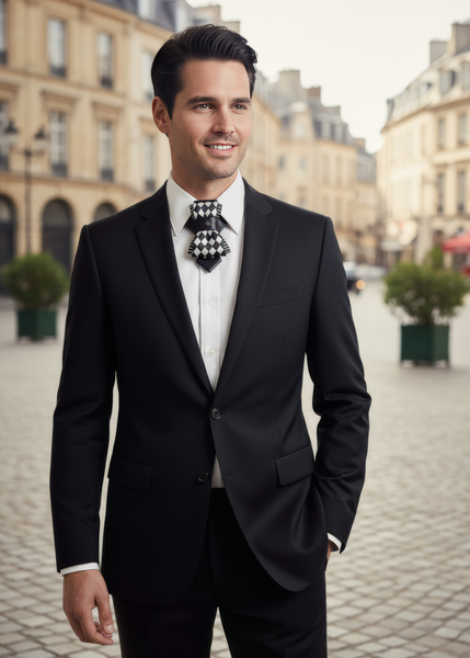 black and white checkerboard necktie, unique design necktie, leather strap necktie, studded detail necktie, luxury necktie, handmade necktie, original design necktie, elegant necktie, stylish necktie, fashion necktie, formal necktie, evening wear necktie, bespoke necktie, patterned necktie, distinctive necktie, statement necktie, modern necktie, premium necktie, sophisticated necktie, high-quality necktie, exquisite necktie, detailed necktie, accessory, men's fashion, neckwear