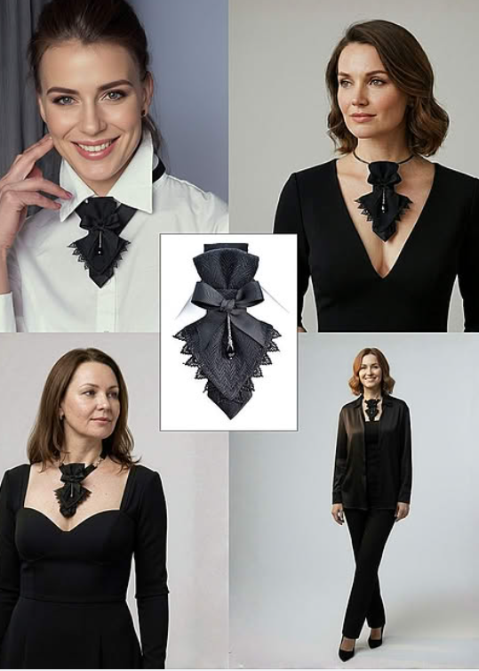 Unique black womens tie, Black wedding bow tie for lady, black victorian style women neck accessory, handmade black lace necktie for women, gothic women neck jewelry, vintage inspired black cravat necklace, women neck accessory with bow and crystal drop, handmade lace neck ornament, elegant black necktie jewelry for women, victorian gothic neckpiece, women neck accessory on white background, unique handmade women neckwear, black lace cravat style accessory, artistic women neck decoration