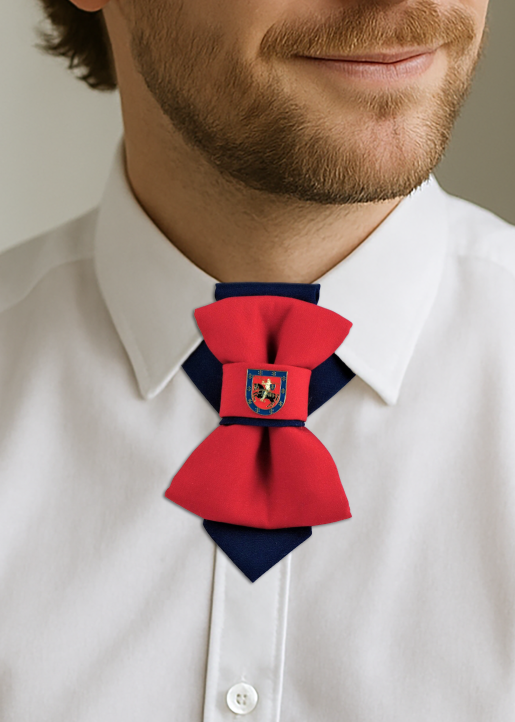Handmade red and navy blue vertical bow tie with a unique knight emblem, luxury quality wedding accessory for men, artistic and elegant design, perfect for grooms, musicians, or fashion-forward events.