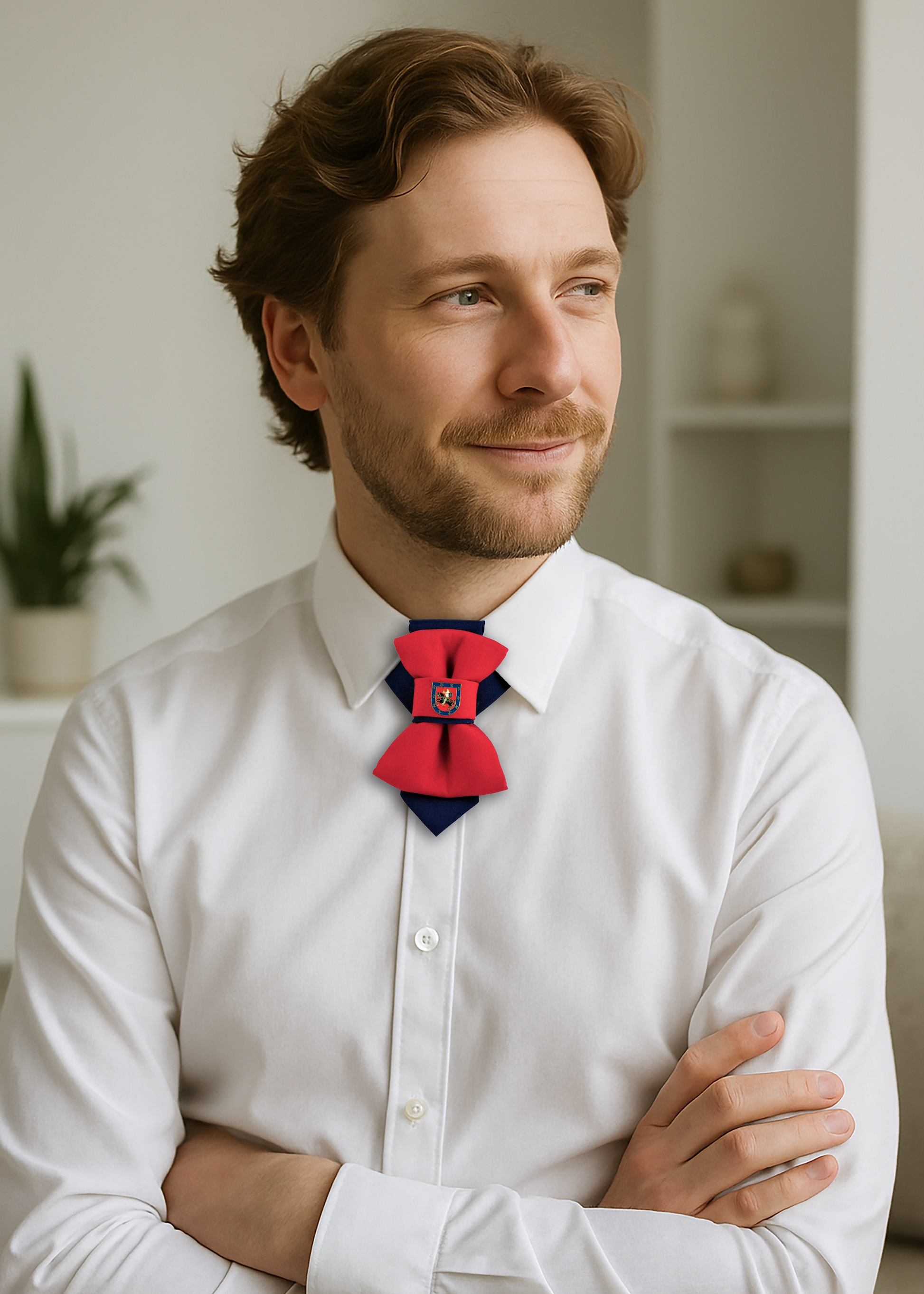 Handmade red and navy blue vertical bow tie with a unique knight emblem, luxury quality wedding accessory for men, artistic and elegant design, perfect for grooms, musicians, or fashion-forward events.