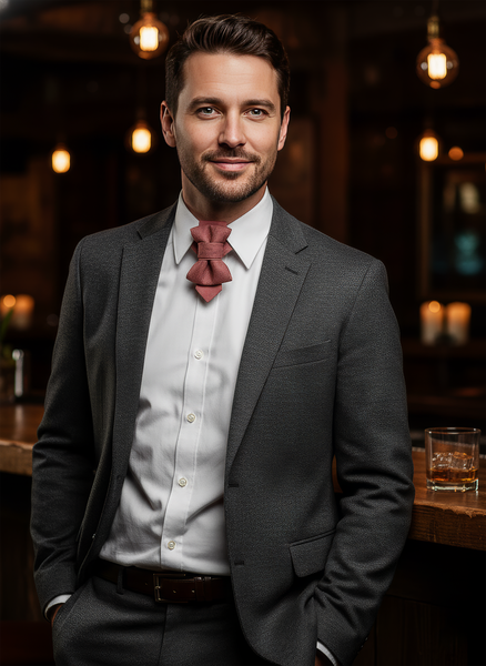 Red bow tie on a white shirt with a white background handmade pink wedding necktie, luxury artisan bow tie for groom, unique layered pink tie, elegant textured fabric necktie, modern unisex neckwear, herringbone woven linen tie, handmade men’s fashion accessory, luxury pink tie for special occasions, artistic formal necktie, handcrafted groom outfit accessory