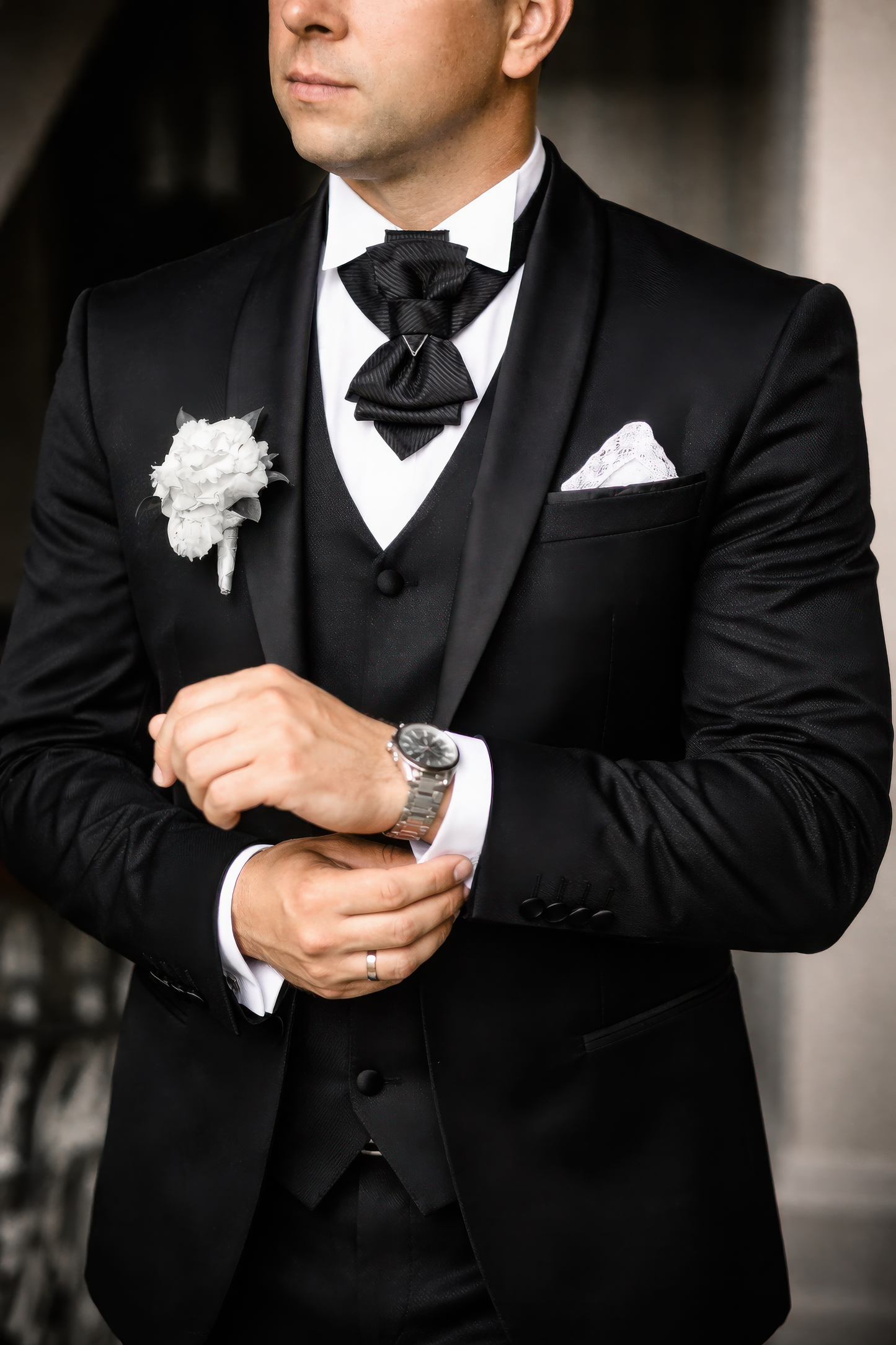 Man wearing a black tuxedo with a white shirt, bow tie, and pocket square Bow tie, hopper tie, Ruty Design, Vertical hopper hand made a tie, Grooms bow tie, necktie, high-end fashion,  Semi-Formal Look With Stylish Men’s Neckwear, Fashion gift for men,  Vilnius bow tie, Men's Ties, bow tie for men online, Gray bow tie, vertical bow tie, unusual tie for wedding, Wedding Ties for Grooms, keista varlytė, originalus juodas vestuvinis kaklaraištis
