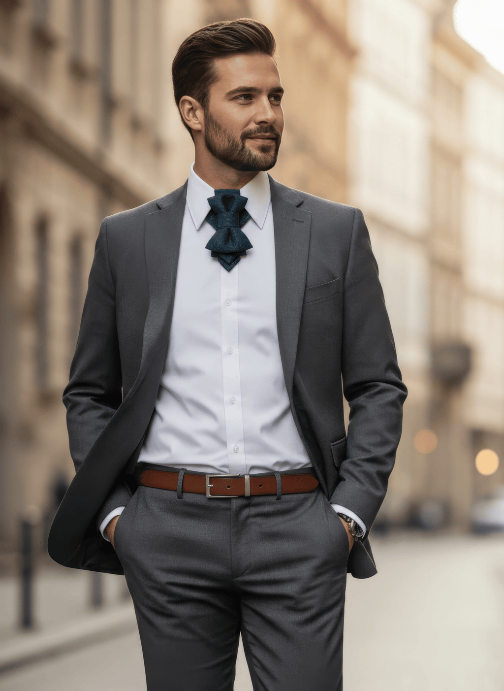 Man in a gray suit with a blue tie standing on a city street Man wearing a white shirt with a blue bow tie against a white background uxury handmade men necktie, modern bow tie for men, unique men neck accessory, blue textured bow tie, designer men necktie, artistic men bow tie, formal men neckwear, elegant men necktie detail, handmade bow tie on white shirt, statement men fashion accessory, contemporary men necktie, unisex artistic necktie, premium fabric bow tie, minimalist men style accessory, modern gro