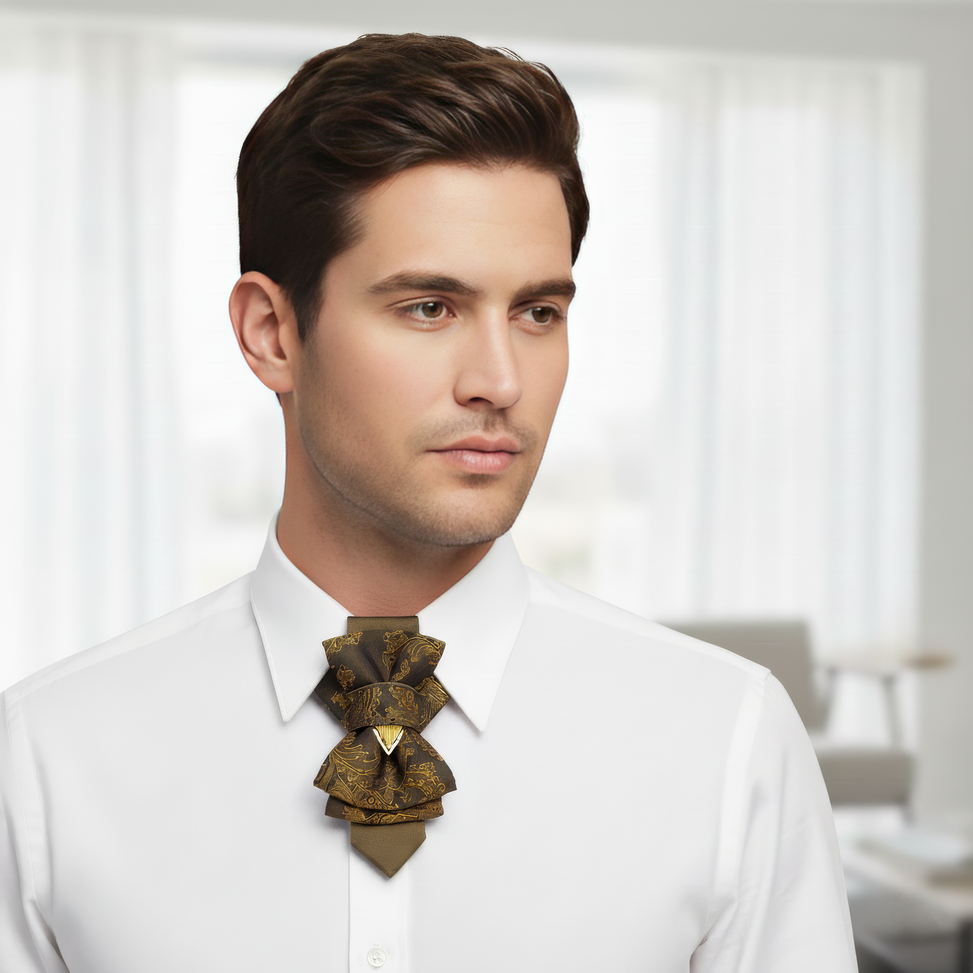 Man wearing a white shirt with a unique brown tie against a blurred indoor background Handmade olive green bow tie with gold accents, front view

Unique wedding necktie in khaki green, styled with a suit jacket

Pre-tied modern neck accessory shown flat with collar for size reference

Close-up of olive Hopper Tie fabric texture and gold undertones

Groom wearing green and gold Hopper Tie with unbuttoned collar

Modern wedding bow tie styled with white shirt and beige suit

Double-layered green wedding neckt