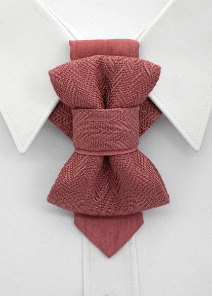 Red bow tie on a white shirt with a white background handmade pink wedding necktie, luxury artisan bow tie for groom, unique layered pink tie, elegant textured fabric necktie, modern unisex neckwear, herringbone woven linen tie, handmade men’s fashion accessory, luxury pink tie for special occasions, artistic formal necktie, handcrafted groom outfit accessory