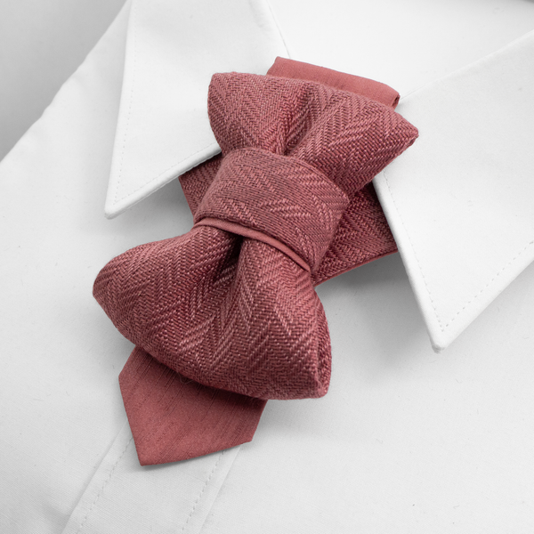 Red textured bow tie on a white shirt collar handmade pink wedding necktie, luxury artisan bow tie for groom, unique layered pink tie, elegant textured fabric necktie, modern unisex neckwear, herringbone woven linen tie, handmade men’s fashion accessory, luxury pink tie for special occasions, artistic formal necktie, handcrafted groom outfit accessory