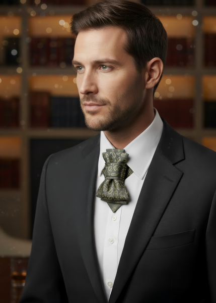 Man wearing a black suit with a white shirt and patterned tie against a blurred background A black and gold ascot tie with a detailed paisley pattern, worn with a classic white dress shirt. The tie features a chevron stripe texture, creating a sophisticated and formal look. It's a handmade luxury wedding accessory