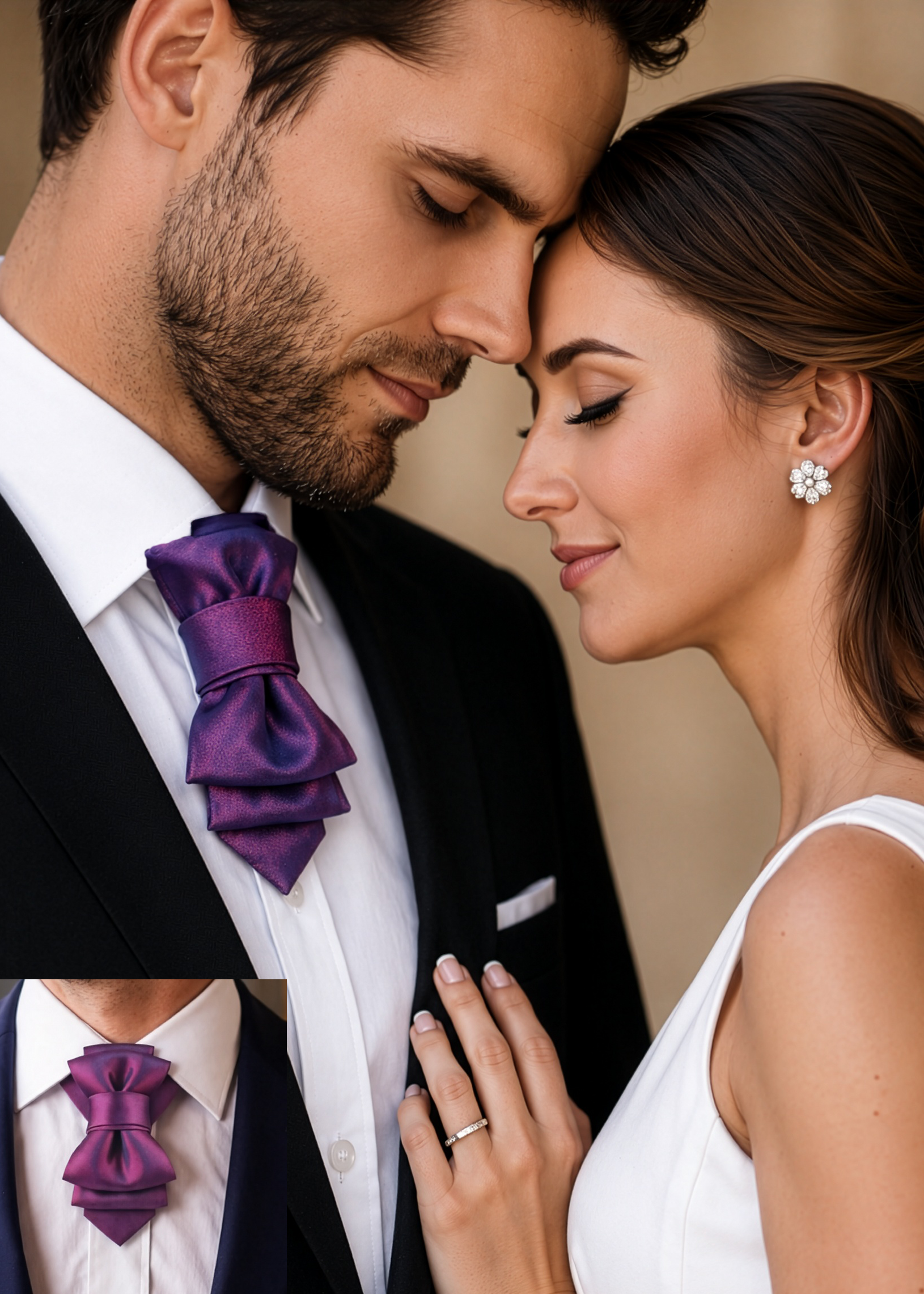 Man in a suit with a purple bow tie and woman in a white dress, close together luxury wedding couple, romantic bride and groom, purple statement tie, handmade neckwear, artistic wedding accessory, elegant groom style, formal couple portrait, modern wedding fashion, sophisticated menswear, satin purple cravat, intimate wedding moment, black suit groom, bride touching groom, luxury wedding editorial, unique groom accessory, stylish wedding attire, romantic engagement portrait, refined masculine fashion, coutu