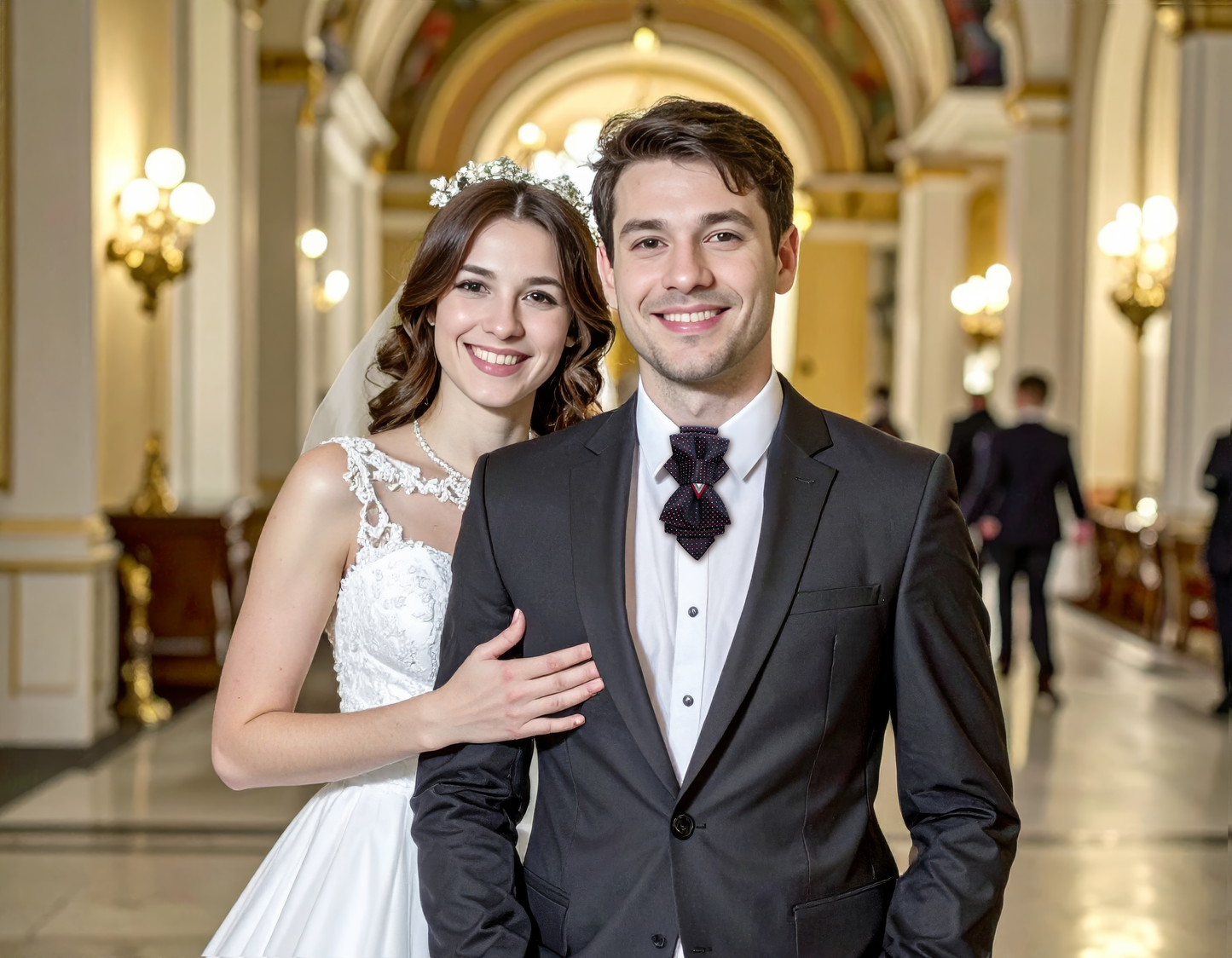 Man and woman in formal attire standing in a grand hall with high ceilings and decorative columns. Wedding tie for men, Elegant bow tie, Necktie for groom, Interesting tie, Unseen necktie, Bow tie for men, Handmade luxury tie, Unique groom accessory, Original design bow tie, Formal occasion tie, Designer neckwear, Statement men's fashion accessory, Stylish wedding tie, Luxury handmade bow tie, Modern groom style, Unique men's necktie, Formal wear accessory, Gift for him, Special occasion necktie