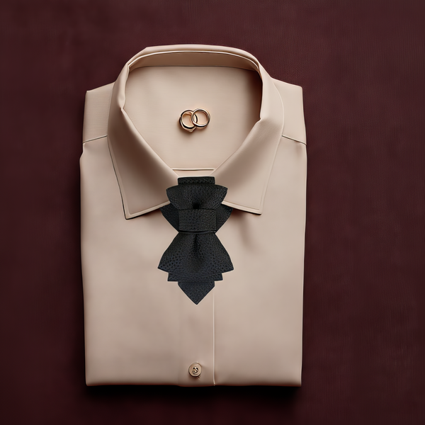 Beige dress shirt with a black bow tie and two gold rings on a dark red  Wedding Necktie, Handmade Wedding Bow Tie, Groom's Black Necktie, Formal Black Necktie Wedding, High Quality Black Bow Tie for Groomsmen, Luxury Wedding Necktie Bow, Elegant Men's Wedding Tie, Black Cravat Style Necktie, Custom Black Wedding Tie, Black Textured Wedding Necktie, Wedding Attire Necktie Groom, Unique Wedding Necktie Designbackground