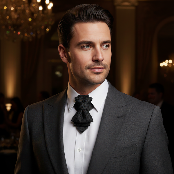 Man wearing a formal suit with a bow tie in an elegant indoor setting Wedding Necktie, Handmade Wedding Bow Tie, Groom's Black Necktie, Formal Black Necktie Wedding, High Quality Black Bow Tie for Groomsmen, Luxury Wedding Necktie Bow, Elegant Men's Wedding Tie, Black Cravat Style Necktie, Custom Black Wedding Tie, Black Textured Wedding Necktie, Wedding Attire Necktie Groom, Unique Wedding Necktie Design